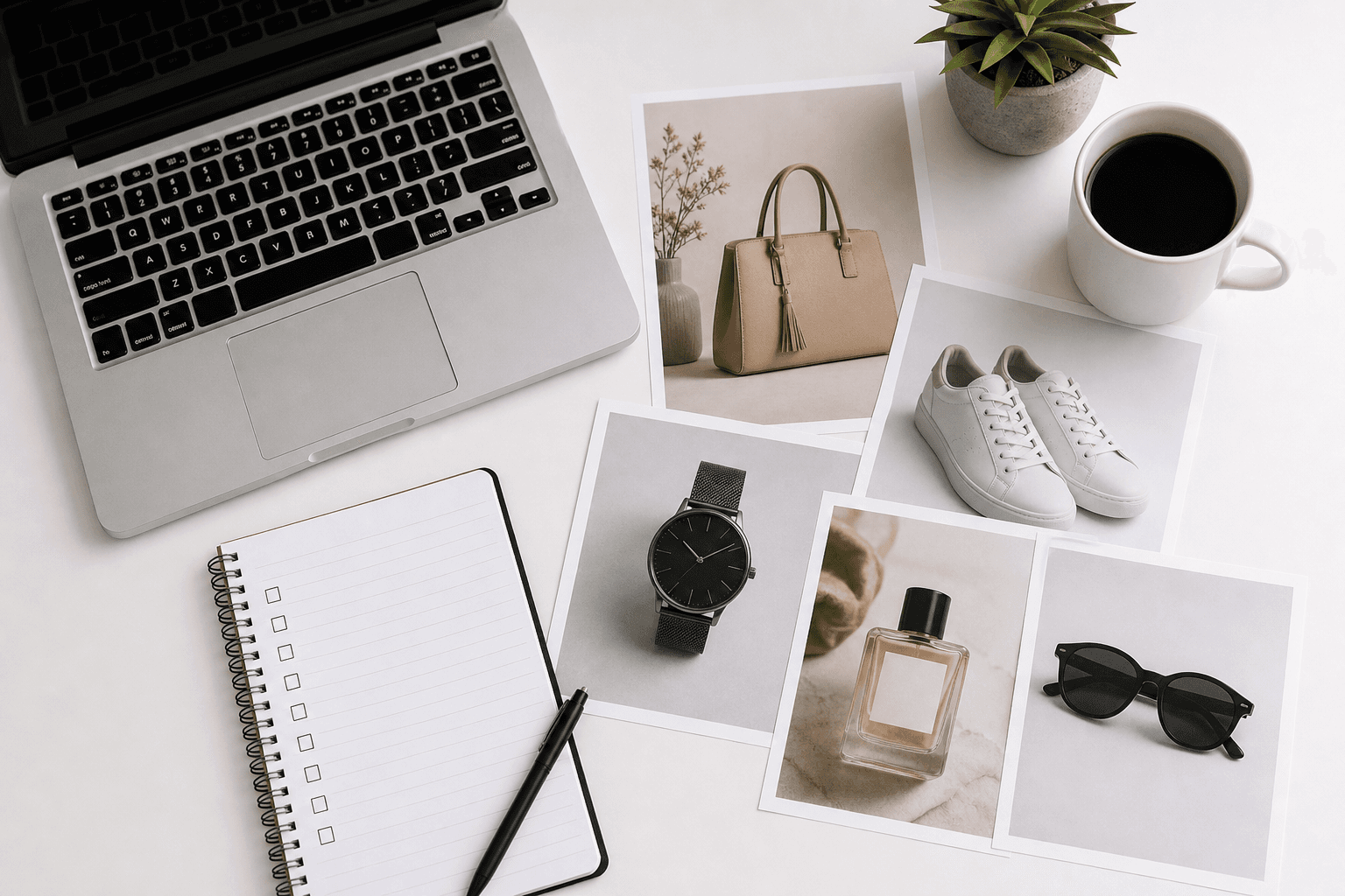 Desk with product photos and a checklist for image SEO