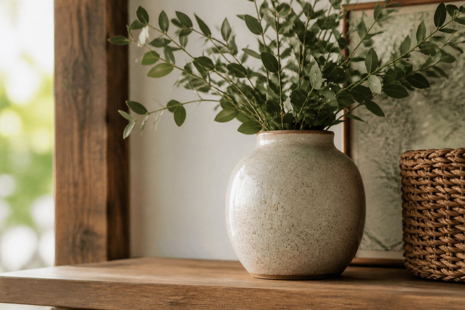 Vertical lifestyle product photo of a ceramic vase styled like a Pinterest pin
