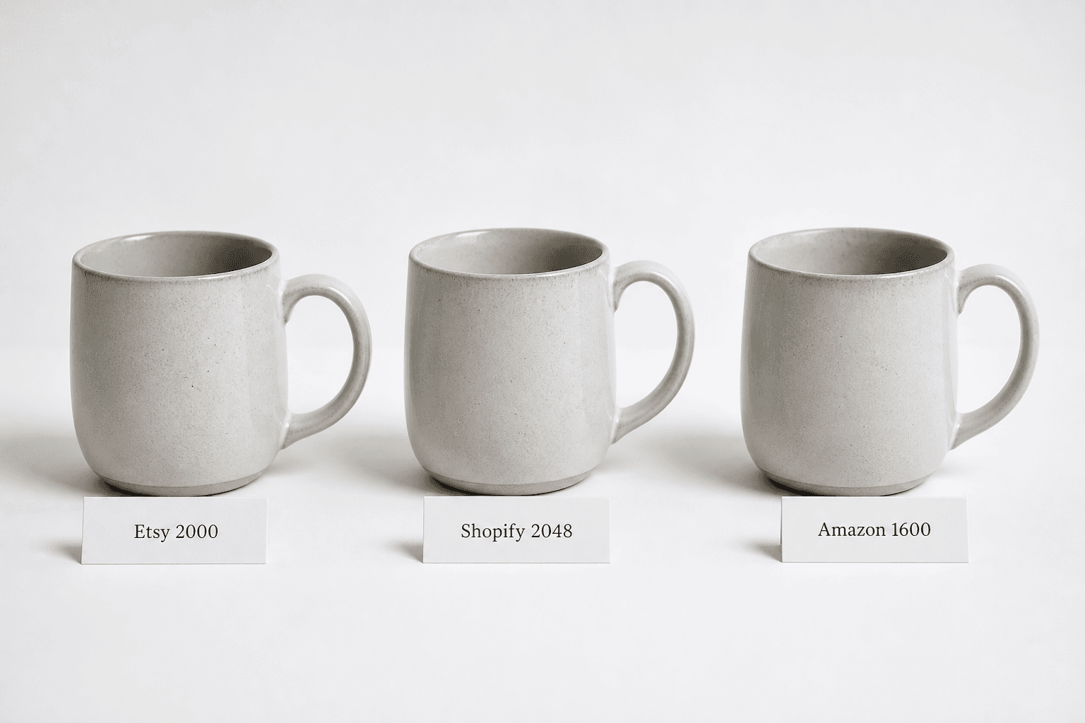 Side-by-side product photos labeled for Etsy 2000x2000, Shopify 2048x2048, and Amazon 1600x1600
