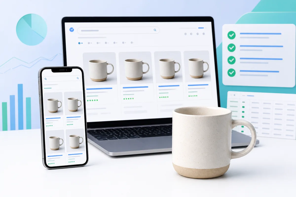 Google Shopping product cards and white-background product photo showing Merchant Center image requirements