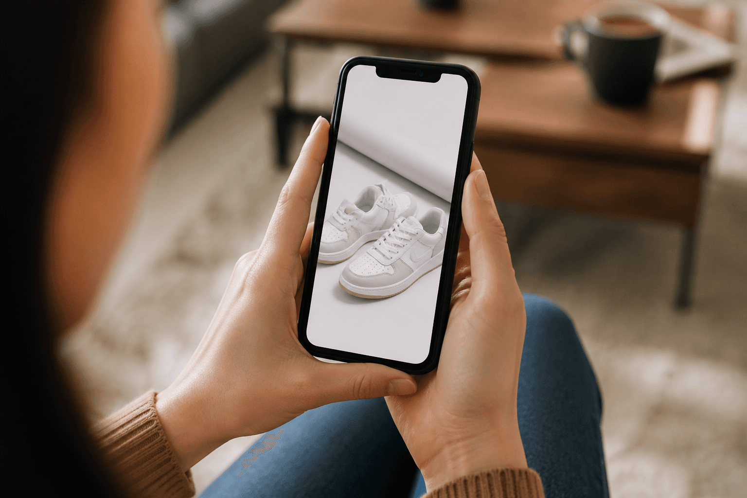 Shopper viewing a sharp sneaker product photo on a smartphone